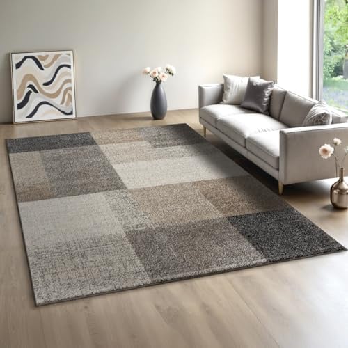 Mia´s Teppiche Modena - Moderner Kurzflor Teppich, Wohnzimmer & Schlafzimmer, weich & pflegeleicht, geometrische Muster, Kariert, Beige, 140 x 200 cm