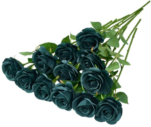 LATRORA 12pcs Emerald Green Rose Artificial flowers Fake Roses Silk Roses Silk Flowers Rose with Long Stems for Wedding Home Party Centerpieces Decorations