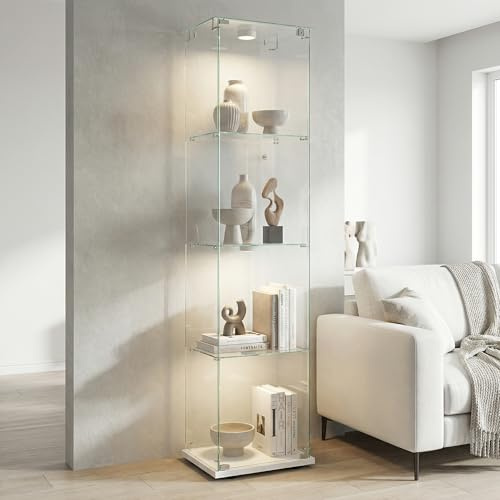 Zorvani Glasvitrine Standvitrine mit LED, Glasvitrine Stehend mit 4 Lagen Glas, Vitrinenschrank 1 TüR & Schloss Vitrine Glasschrank für Wohnzimmer Büro Sammlerstücke (Weiß&LED 1, 4 Etagen, 1 Tür)