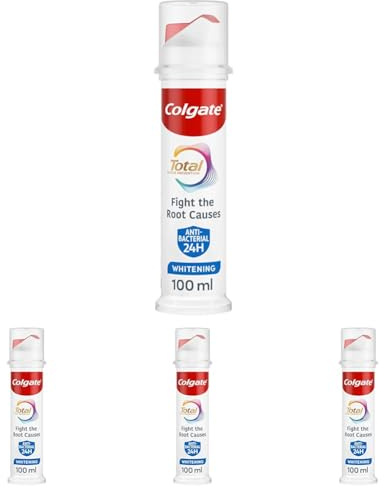 Colgate Total Active Prevention Teeth Whitening Toothpaste 100ml Pump Fights Root Causes of Many Oral Health Problems 24h Antibacterial Protection clinically Proven Patented Technology (Pack of 4)