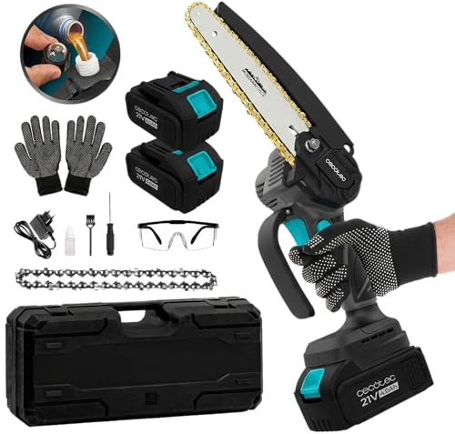 Cecotec Mini Kettensäge mit Akku MontanaForce 6400 Hand, 700 W, Brushless Motor, 6 Zoll Schwert, 2 Akkus 21 V 4 Ah, Kettenschmierung per Knopfdruck, Ersatzkette, Koffer, Schutzbrille und Handschuhe