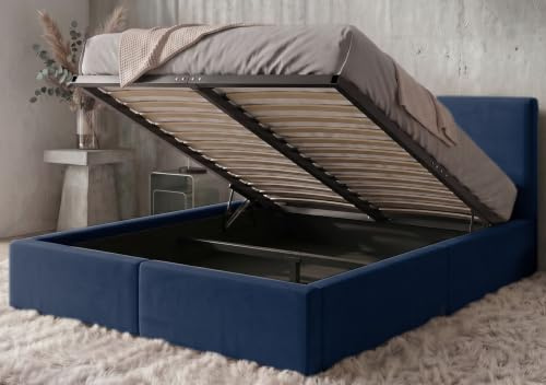 Polsterbett 120x200 cm mit Bettkasten und Lattenrost – Stauraumbett Doppelbett in Blau Hydrophober Samtbezug Gepolstertes Bettgestell belastbar bis 300 kg ohne Matratze (Dunkelblau, 120x200)
