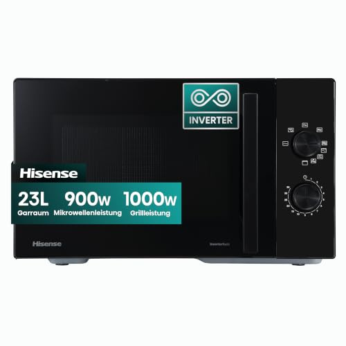 Hisense 23-Liter-Inverter-Mikrowelle, 900 W Leistung,1000-W-Grillfunktion | 5 Leistungsstufen, Keramikbeschichtung, hochwertiges getöntes Glas, gleichmäßiges Garen, leicht zu reinigen
