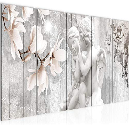 Runa Art Wandbild XXL Engel Blumen Wohnzimmer Schlafzimmer 200 x 80 cm Grau 5 Teilig - Made in Germany - 005955c