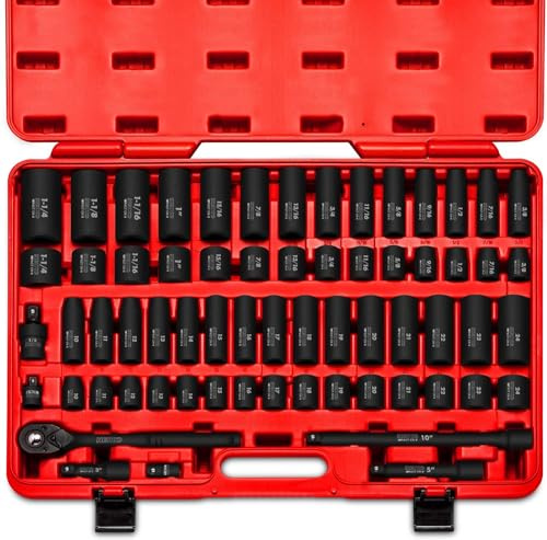 NEIKO 02448A 1/2-Zoll-Antriebs-Haupt-Steckschlüssel-Set, 65-teilig, Standard SAE (3/8-1-1/4 Zoll) und metrische (10-24 mm) Größen, tiefes und flaches Set, inkl. Adapter und Ratschengriff.