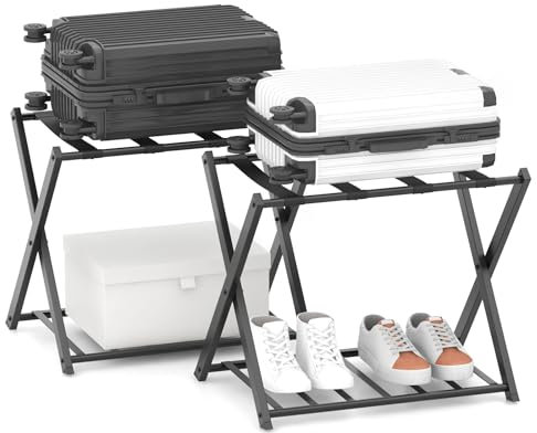 COSTWAY Lot de 2 Porte-valises Pliants, Porte-Bagages avec 2 Étagères, Support de Valise Pliable en Métal Robuste, pour Chambre, Hôtel, Charge Total 60 kg, 43 x 68 x 56 cm, Noir
