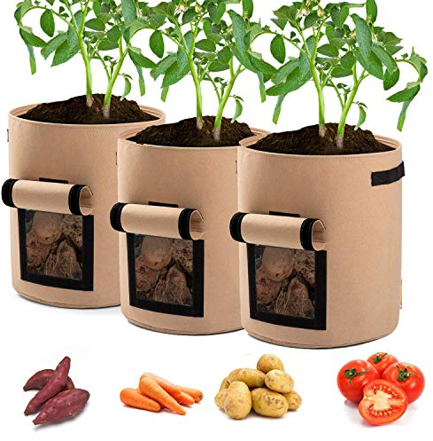 Garden4Ever Sacs de plantation de pommes de terre, 3-pack, sacs de culture 25 litres, aération, pots de tomates, avec rabat et poignées (brun)