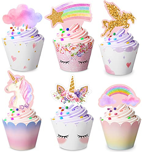 Censen 60 Pcs Unicorn Cupcake Toppers and Wrappers Rainbow Birthday Decor