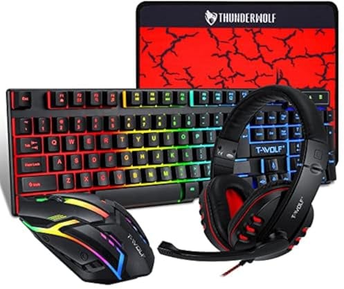 T-Wolf Gaming Combo TF800 Tastatur/Maus/Kopfhörer/Mauspad, kabelgebundene LED-RGB-Hintergrundbeleuchtung, für PC-Gamer, 4-in-1, Schwarz