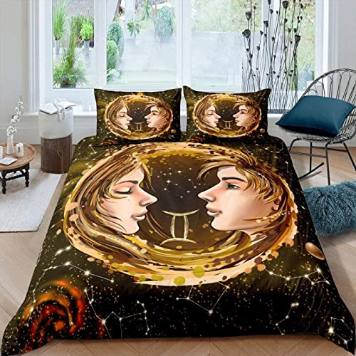 HNWDC Bettwäsche 135x200 cm + Kissenbezug 80x80 cm, Weiche und Angenehme Mikrofaser 3 Teilig Bettzeug Set (Bettbezug + 2 Kissenbezüge) mit ReißVerschluss, Sternzeichen Zwillinge