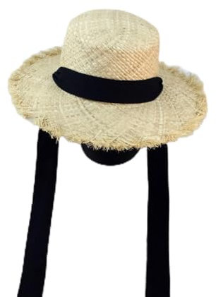 oonui Sonnenhut Damen Sommer-Frauen-Strand-Bast-Schwarz-Weißer Band-Hut-Bogen-Bast-Hut-Flache Kappen-Strohhüte-Frauen-Küsten-Hut,Schwarz,56-59Cm