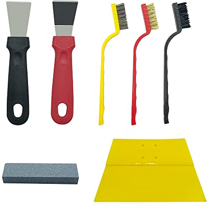 XINGSUI Set di 7 pezzi Raschietti per la pulizia,Spazzola Ottone,Raschietto Multiuso in plastica,Pietra per affilare,Per la Pulizia di Forni Frigorifero Piani Cottura a Induzione