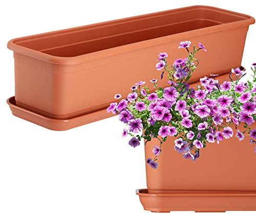 KADAX Blumenkasten 60 cm Terracotta mit Untersetzer – Balkonkasten aus Kunststoff, Pflanzkasten für Innen- und Außenbereiche, Blumentopf für Balkon, Terrasse, Fensterbank