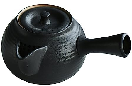 BURLOE Tetera japonesa de cerámica, 600 ml de porcelana tradicional con una sola mano jarra hecha a mano grande con asa lateral Colador de té sin esmaltar, negro