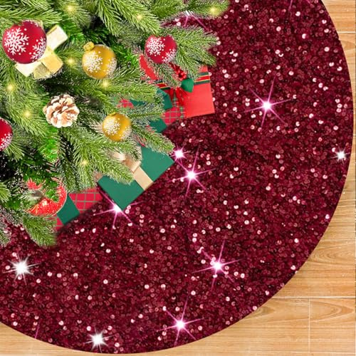 OMKSIH Burgundy Glitter Sequin Tree Skirt 21 Inch - Mermaid Tabletop Christmas Skirt for Artificial Slim Trees - Velvet Maroon Decorations
