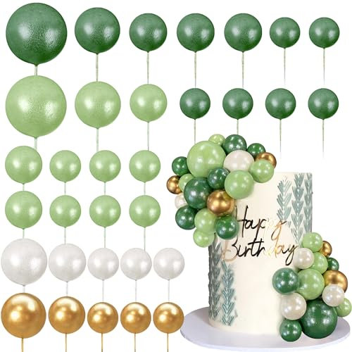 32 Stück Kugel-Kuchenspieße bunte kugelförmige Kuchendekoration Perlenkugeln Cupcake Kucheneinsatz Topper für Geburtstagsparty Dekoration Supplies Perlgrün Perle Gras Grün Perle Weiß Gold