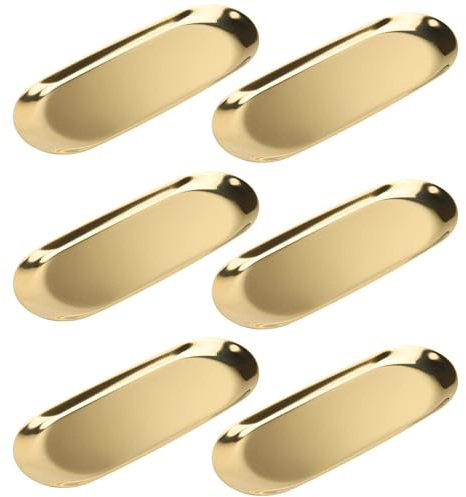 CHEUKYIU 6 Stück Serviertablett Gold, Servierteller Edelstahl Goldene, Deko Tablett Gold, Dekoteller Ovale, Dekotablett Goldene Ovale, Teller Platte Schmuckständer für Kosmetik Schmuck(23x9.5 cm)