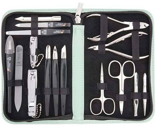 DREI SCHWERTER - 16-tlg. Maniküre-Pediküre-Set 'Cinisello' | Hochwertiges Nageletui aus Kunstleder zur Hand- & Fußpflege. Farbe: mint | Inhalt: Nagelschere, Nagelknipser, Pinzette & vieles mehr!