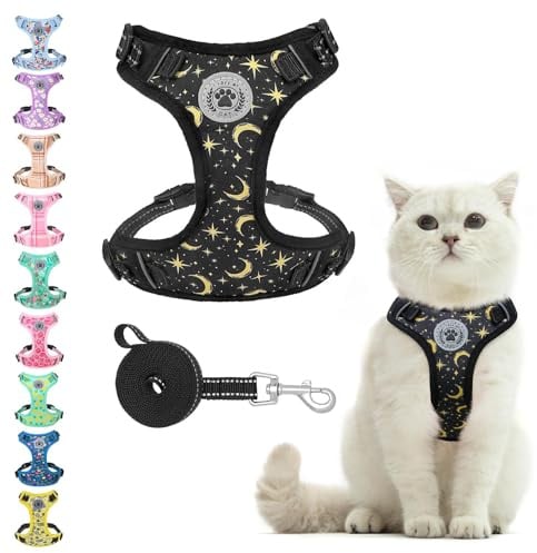 BEAUTYZOO Cat Harness and Leash Set, Escape Proof Overhead Harness, Half Wrap Design, Reflective Trims, Small - Medium, Black, Floral