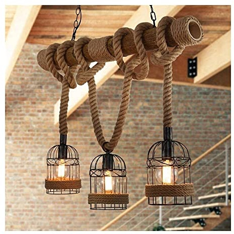 LUOYAOB Modern Pendelleuchte Rustikale Hanfseil-Pendelleuchte, runde Eisenkäfig-Hängelampe, Vintage-rustikales Bauernhaus, Metall- und Holzbalken-Pendelleuchten for Kücheninsel, Esszimmer, Droplight