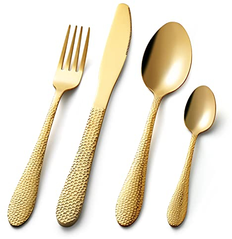 32 Pcs Cutlery Set, BIWHALE Stainless Steel Flatware Set, Tableware Silverware Set with Spoon Knife and Fork Set, Service for 8, Dishwasher Safe/Easy Clean, Hammered Pattern (Gold)