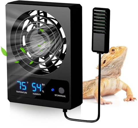 Petyoung Ventilation Fan for Reptile Enclosure, Efficient Cooling Fan Reptile Humidity Gauge with LED Display for Rainforest Terrarium Vivarium Reptiles Snakes