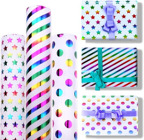 Zfseyuh Bunten Geschenkpapier 9 Rollen Geschenkpapier Geburtstag Bunte Geburtstagspapier Geschenkverpackung mit 3 Rolle Bänder für Geburtstag, Weihnachten, Valentinstag