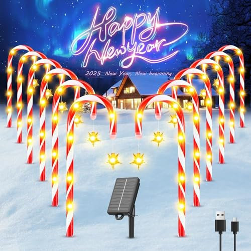 BUCASA Christmas Candy Cane Lights, 12 Pack Solar Christmas Lights with 10 Modes, 1200mAH Battery Powered, USB Rechargeable Waterproof Indoor Outdoor Christmas Decorations for Pathway Garden Yard Gift