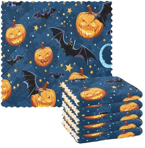 Mnsruu Paños de limpieza de microfibra para Halloween, calabaza, murciélagos, reutilizables, para lavar, paquete de 6 paños de cocina suecos, toallas de limpieza de microfibra, lavables, trapos para