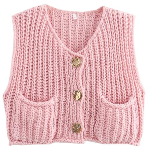 OLIPHEE Pull sans Manche Femme Pull Court Col V Gilet Femme Gilet Tricoté Veste Couleur Unie Sweater Casual Basique Élégant Cardigan Tricoté Printemps Automne Rose S