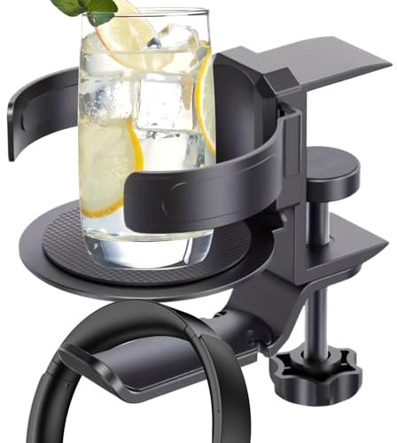 Desk Cup Holder Clamp, 2-in-1 Clip Cup Holder Headphone Hanger, Under Desk Headphone Stand, Anti-Spill Game Desk Accessories for All Cups Bottles Headphones