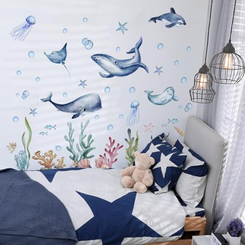 Purekay Wandtattoo Unter dem Meer Qualle Meeresschildkröte Delfine Wale Seetang Wandaufkleber Fische Korallen Bordüre Kinderzimmer Babyzimmer Badezimmer Wanddek