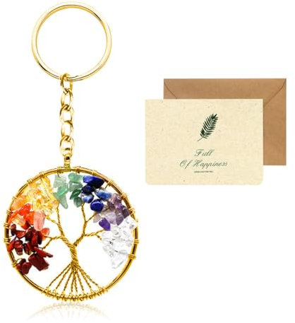 SwirlColor Baum des Lebens Schlüsselanhänger, Runde 7 Chakra Heilung Kristall Lebensbaum Schlüsselanhänger Edelstein Glück Anhänger Damen mit einer Karte - Golden