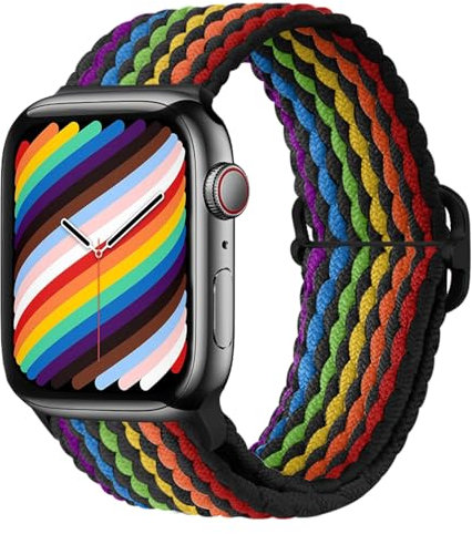 Fitoncloud Cinturino Intrecciato Compatibile con Cinturino Apple Watch 38mm 40mm 41mm 42mm Donna Uomo, Regolabile Elastica Cinturini Nylon per iWatch Series SE 10 9 8 7 6 5 4 3 2 1, Arcobaleno Nero