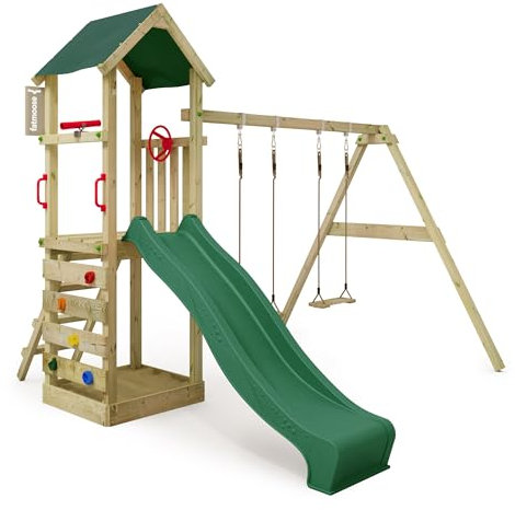 Fatmoose Aire de Jeux KiwiKey Kick XXL avec Balançoire, Toboggan Double Vague, Bac à Sable, Échelles d'escalade, Volant, Télescope SpecialSpy, en Bois Massif Imprégné pour Jardin - Vert