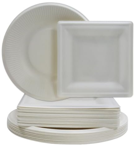 UZSUZZ Piatti di Carta 60 Pezzi, Piatti di Carta Rotondi e Quadrati,Piatti in Canna da Zucchero -Ecologici, Biodegradabili, per Feste, Barbecue,Compleanni per Bambini, Matrimoni, ecc