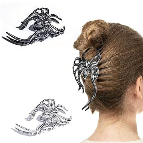 Pinces à cheveux en métal – Barrettes gothiques argentées – Accessoires de cheveux effrayants pour Halloween, fête costumée, cosplay (araignée argentée et noire)