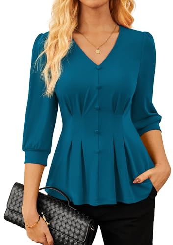 GRACE KARIN Women's T-Shirt Blouse 3/4 Sleeve V-Neck Blouse Shirt Casual Stretch Knit Blouse Pleated Loose Work Tops Peacock Blue M