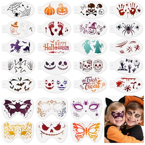 HOWAF 26 Pochoir Tatouage Maquillage Halloween Enfant, Pochoir Maquillage Enfant Halloween Peinture Visage halloween Decoration Citrouille Chauve-Souris Araignée Réutilisable Pochoirs pour Peinture