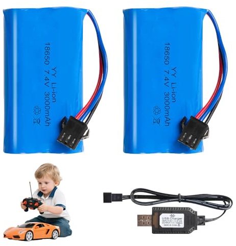 XPJBKC 7.4 V Li-ion Battery, 2 Pcs 3000mAh Rechargeable Lithium Lonen Batterien, Li-ion Akku with SM-3P Stecker, Ladekabel, Rechargeable Battery für RC Fahrzeuge, Auto Stunt Car, Panzer, Roboter