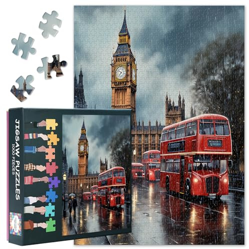 Jigsaw Puzzles for Adults 1000 Pieces, 1000 Piece Puzzle for Adults, London Rain Scene with Big Ben and Red Bus - 27.5x19.7 In