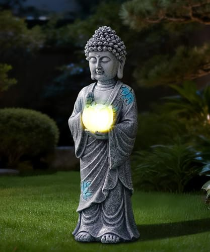 Goodeco Statue de Bouddha solaire avec lumières de lotus bleues – Décoration de jardin zen debout pour terrasse, cour, balcon, décoration de jardin – Cadeaux pour homme et femme – Gris méditation