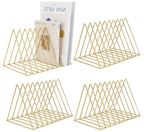 HAOTIAN-X Lot de 4 porte-magazines triangulaires à 9 compartiments en métal doré - Support pour disques vinyles - Organiseur de fichiers de bureau - Étagère à magazines - Étagère à livres pour bureau