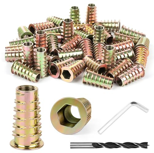 HOCUCHELAND 40 PCS M8×25mm Threaded Inserts for Wood, Hex Socket Threaded Insert Nuts with Hex Spanner and Woodworking Drill Bit, Screw-In Zinc Alloy Hex Drive Head for Wood Furniture DIY