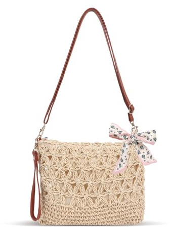 Hittriu Crossbody Crochet Beach Bags for Women, Zip Straw Crossbody Bag with Scarf, Hobo Straw Shoulder Bag Handbag for Vacation Beach Seaside