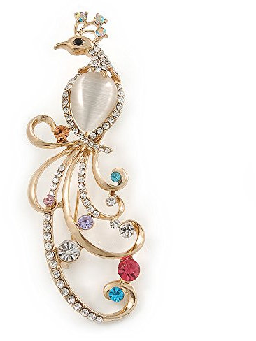 Broche en forme de paon avec cristaux multicolores Doré 80 mm L, taille unique, Pas de type de métal, diamante