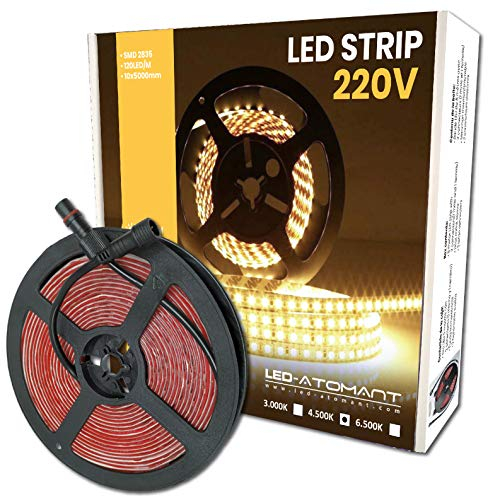 LED ATOMANT Rotolo da 5 metri di Striscia LED Diretta a 220V, 12W/m, Colore Bianco Neutro (4500K), Impermeabile (IP65), Taglio ogni 10cm