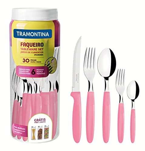 Tramontina Ipanema Besteckset für 6 Personen, Menübesteck 30-teilig, Edelstahl, Griff rosa