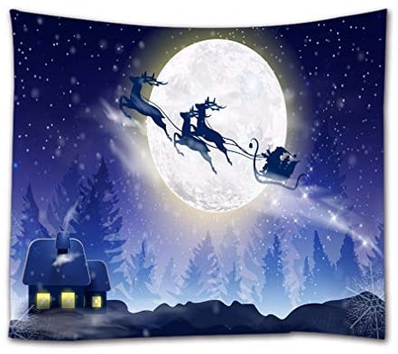 A.Monamour Wandteppich Rentier Über Vollmond Kiefernwald Silhouette Weihnachten Stoff Tapisserie Wandbehang Wanddeko Wandkunst Wandbilder Wandtuch für Wohnzimmer Schlafzimmer