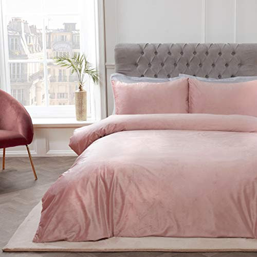 Sleepdown Matt Velvet Blush Pink Super Soft Easy Care Plain Duvet Cover Quilt Bedding Set with Pillowcases - Double (200cm x 200cm)